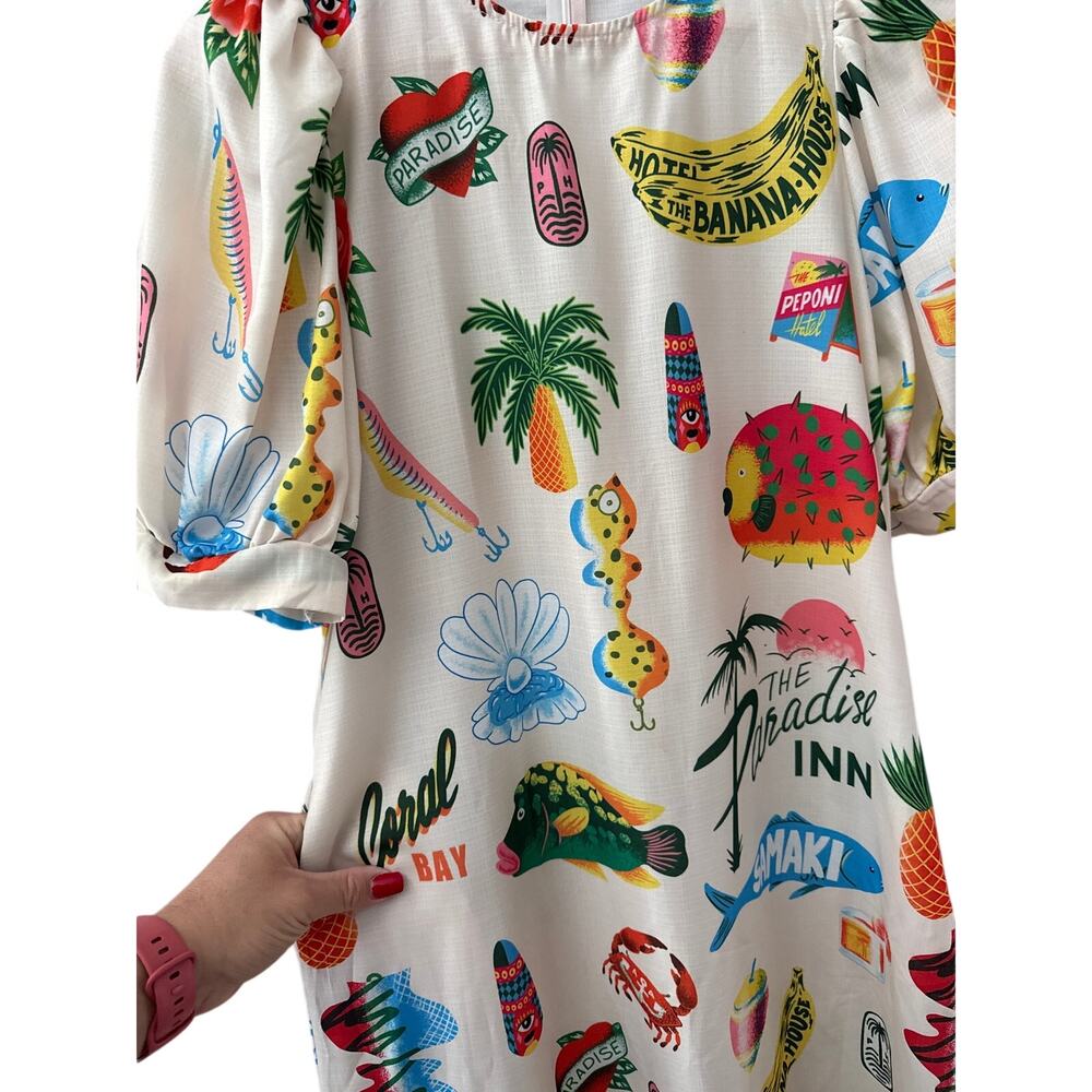 Sunday Up Paradise Printed Puff Sleeve Midi Dress Beige Multi Size Medium - Picture 5 of 11